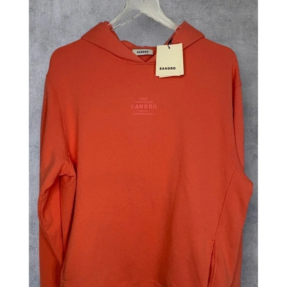 Sandro Paris Coral Pink Embossed Logo Hoodie Sweatshirt Size Extra Large - Picture 9 of 15